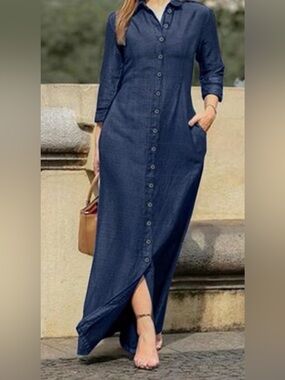 Long Navy Button-Front Maxi Shirt Dress